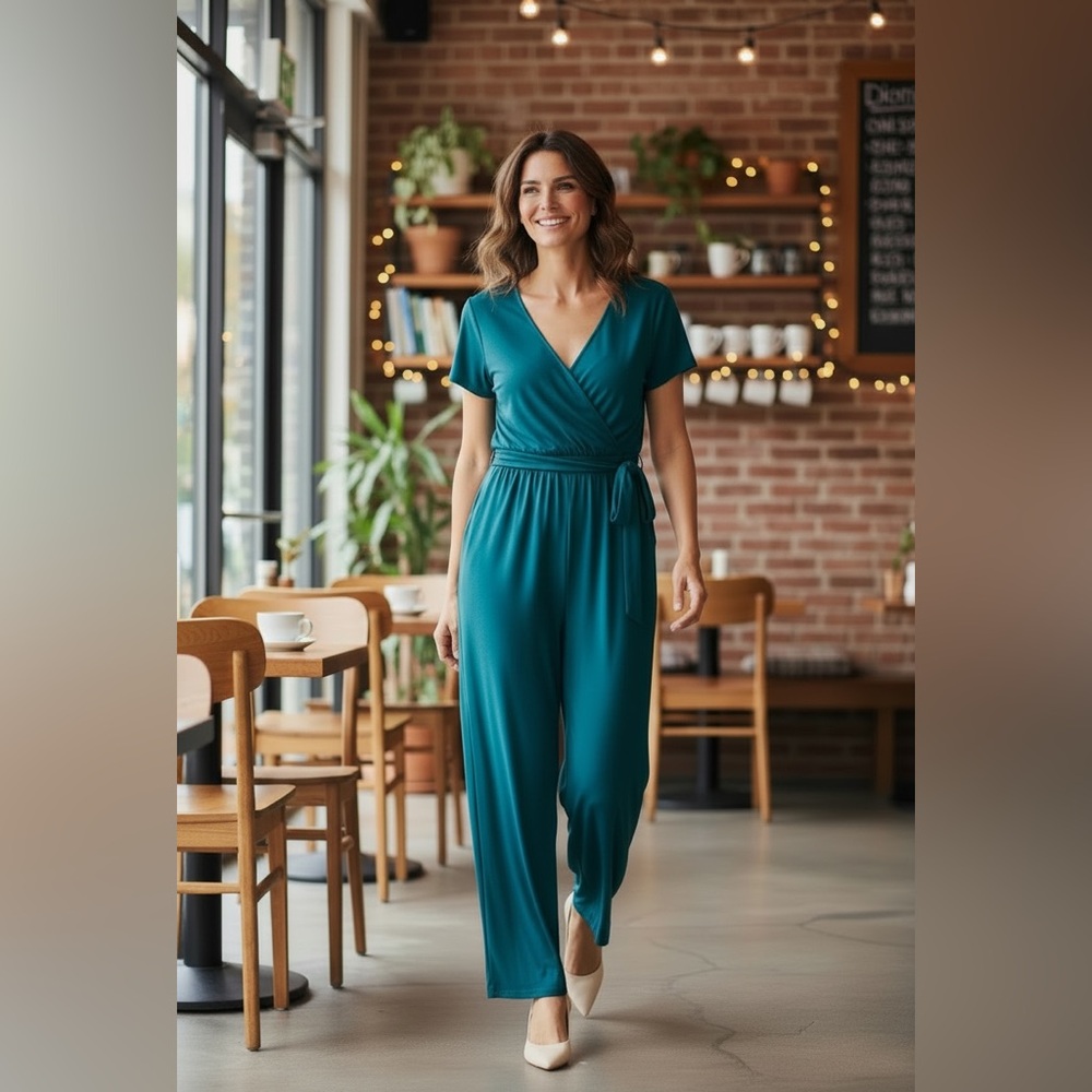 Assembly Label Teal Short-Sleeve Wrap Jumpsuit with Tie Waist